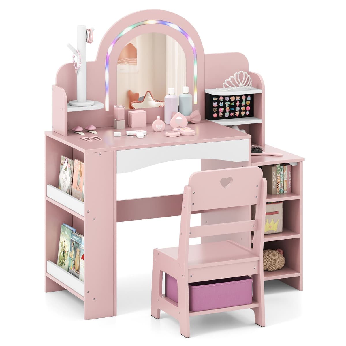 CostwayCoiffeuse pour Enfants avec Miroir et Lumières Table de Maquillage Princesse avec Étagères Ouvertes Support pour 3+ Ans Rose