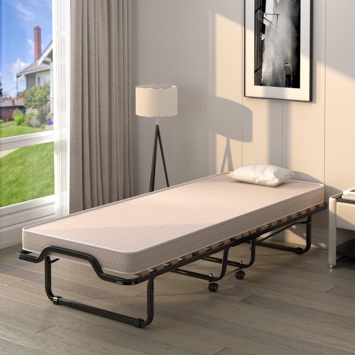 CostwayLit Pliant sur Roulettes 90 x 200 x 41 CM Lit d'Appoint avec Matelas en Mousse 10 CM pour Maison et Bureau Beige