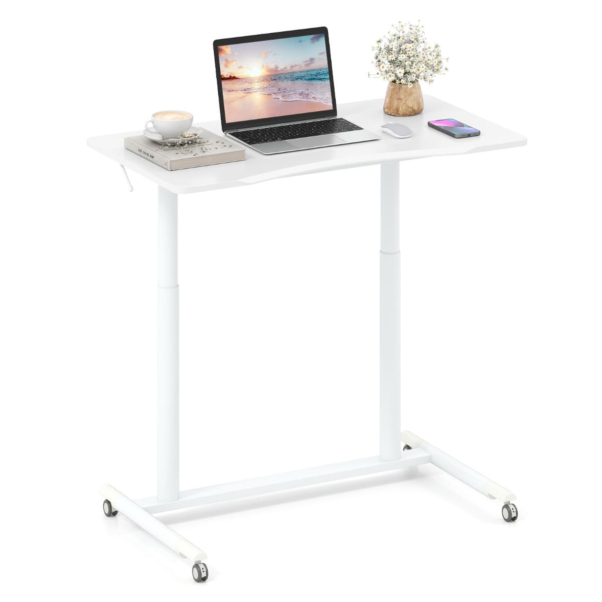 Bureau Mobile Debout Bureau d’Ordinateur Réglable en Hauteur en Forme de C avec Roulettes Verrouilla