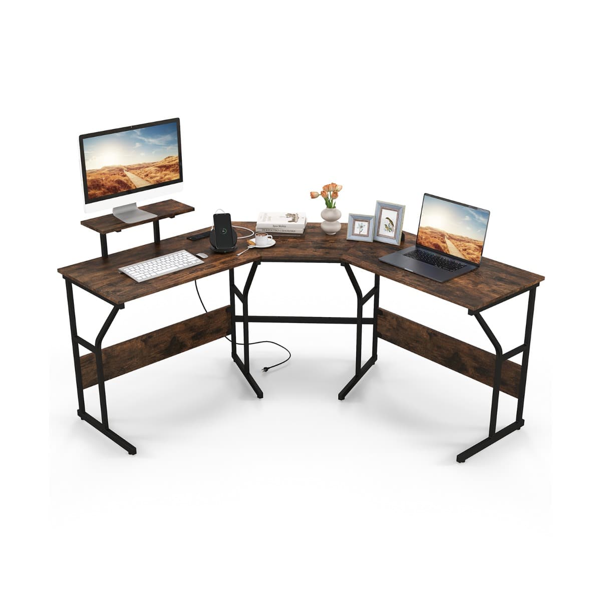 CostwayBureau en Forme de ‘L’ avec Prises de Courant Bureau d'Angle avec Support d'Ecran Amovible Poste de Travail de 225cm de Long Marron Rustique