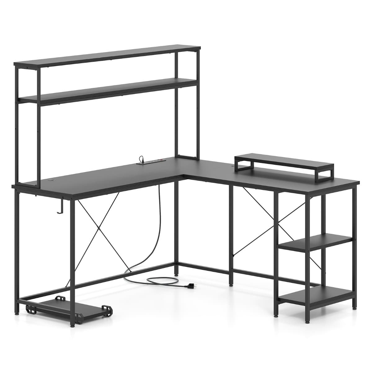 CostwayBureau d'Ordinateur Reversible en Forme de L avec Bande LED et Prises de Courant Support pour Écran & CPU Noir