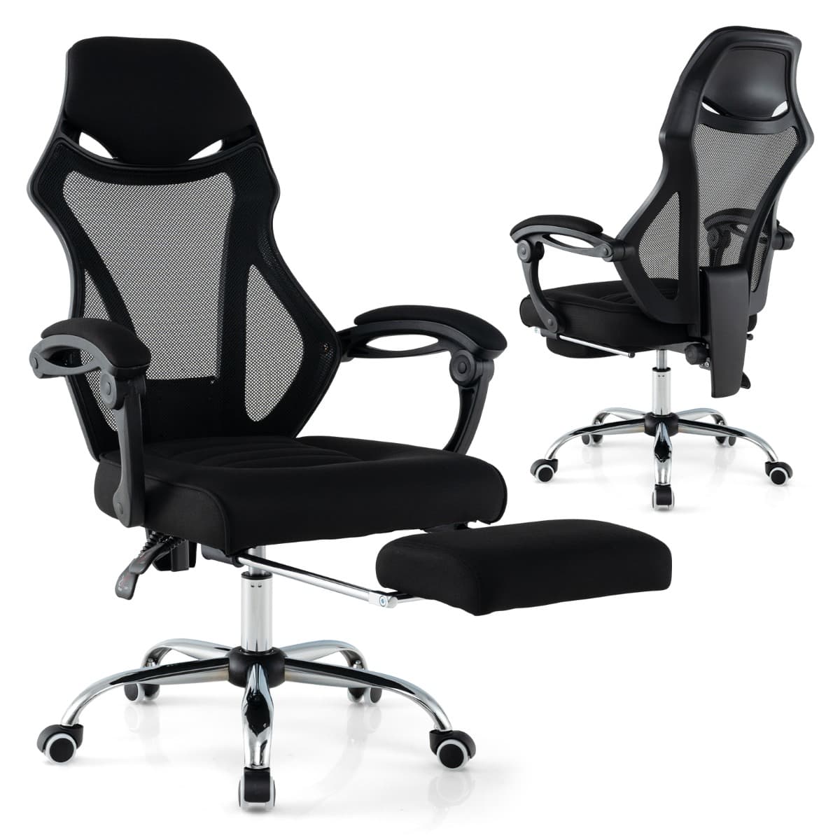 CostwayChaise de Bureau Ergonomique en Maille avec Repose-pieds Chaise de Direction Pivotante Dossier Réglable Appui-tête Accoudoirs Noir