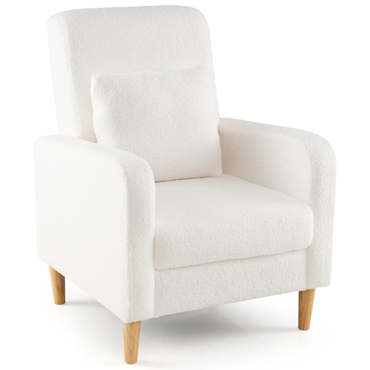 CostwayFauteuil Rembourré avec Coussin Lombaire Revêtement en Laine d'ours en Peluche Pieds en Bois de Caoutchouc Style Moderne 76*69*92cm Blanc