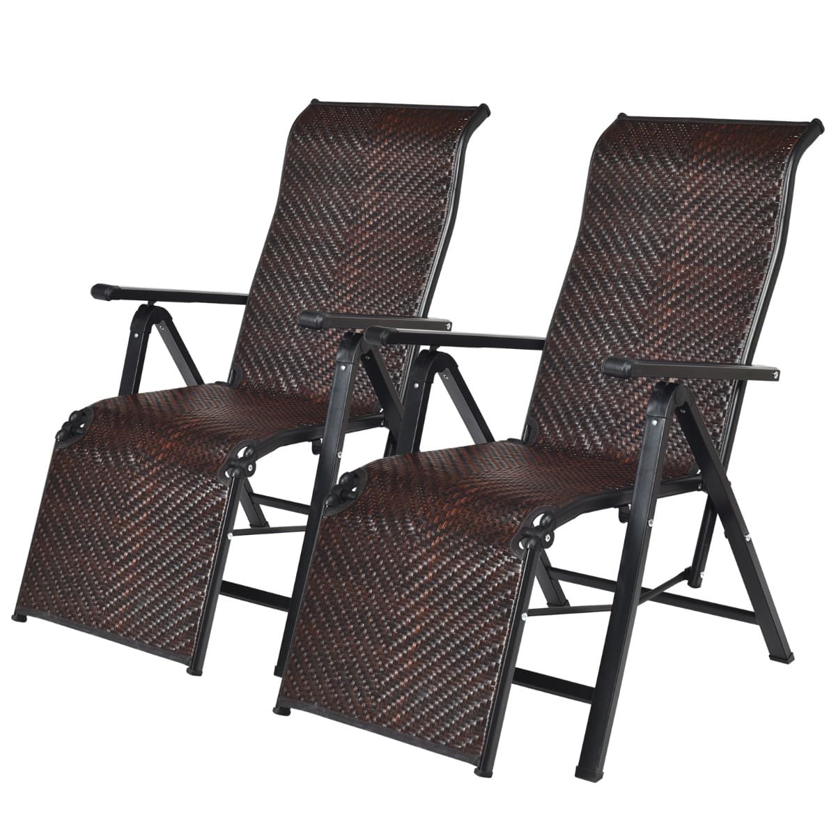 CostwayLot de 2 Transat Chaises Longues de Jardin en Rotin avec Position Réglable et Accoudoir Cadre en Fer pour Terrasse Plage