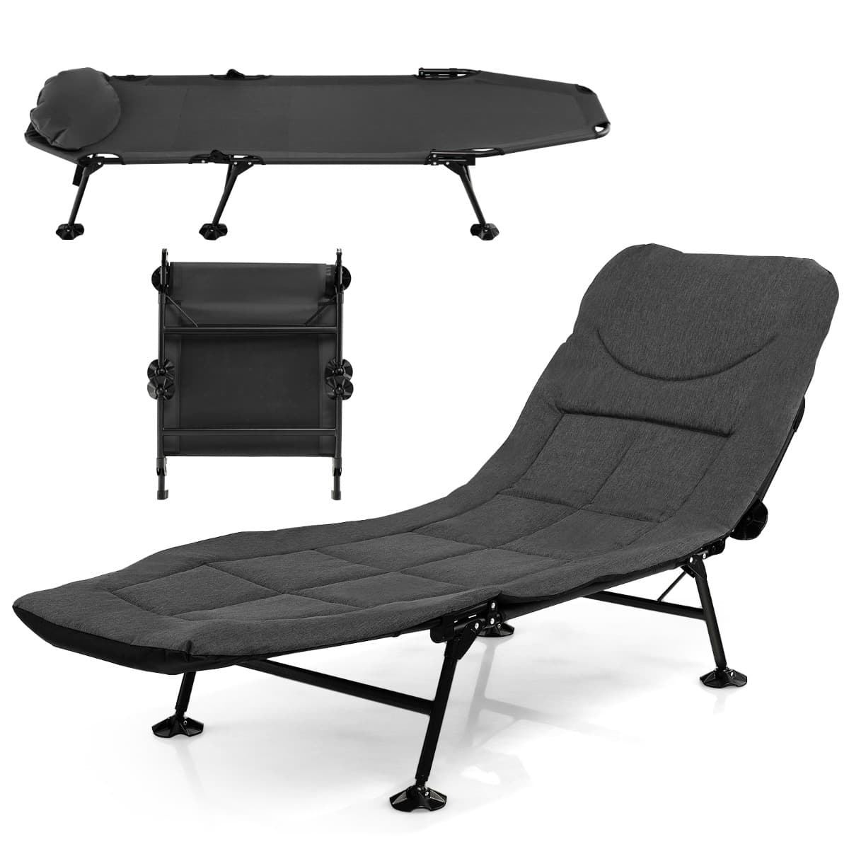 CostwayLit de Camp Pliable 1 Personne Lit Camping Pliant Portable Léger à Dossier Réglable 6 Positions Charge 200 KG Gris