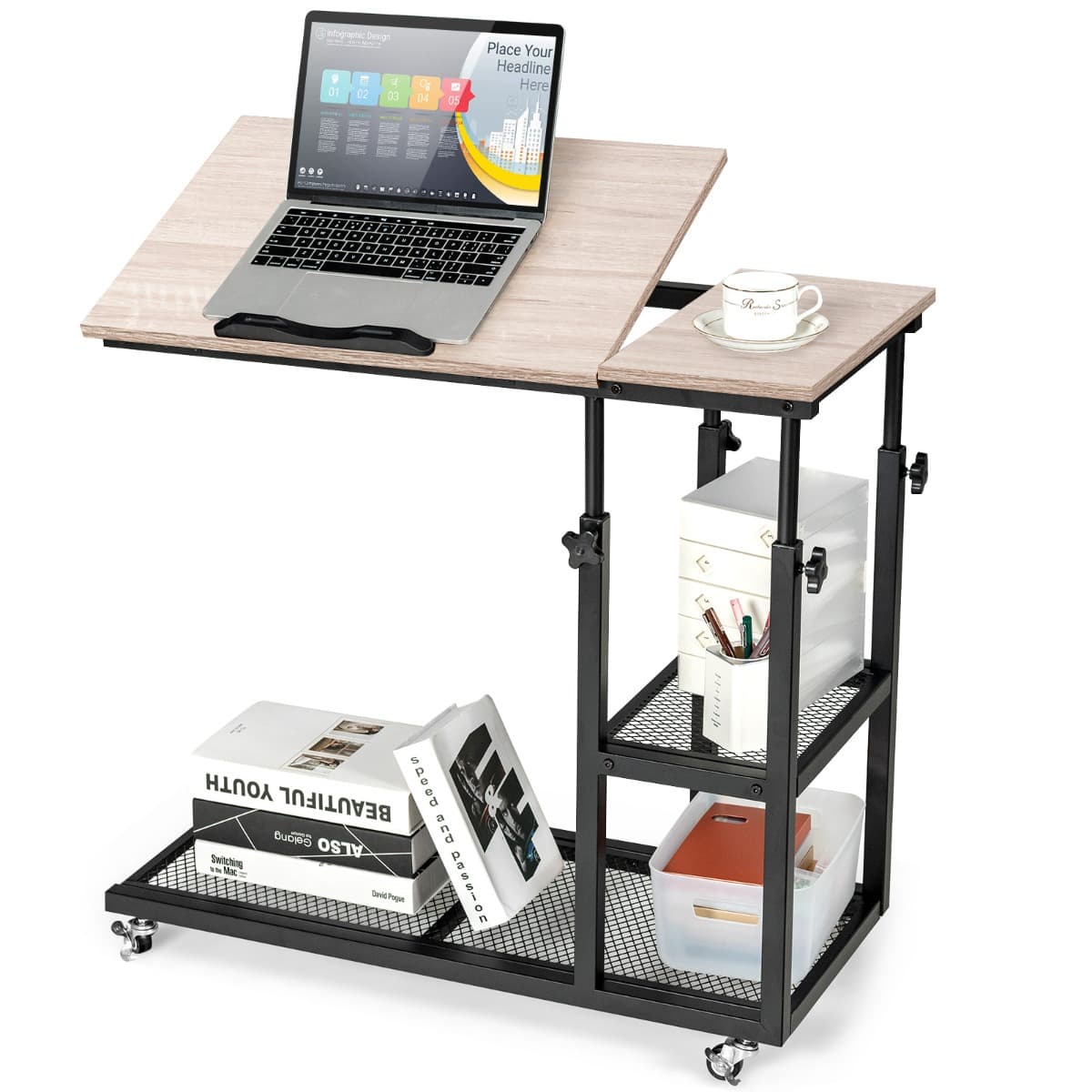 Table d’Appoint Plateau Inclinable à 5 Positions Roulettes Verrouillables Cadre en Acier Style Indus