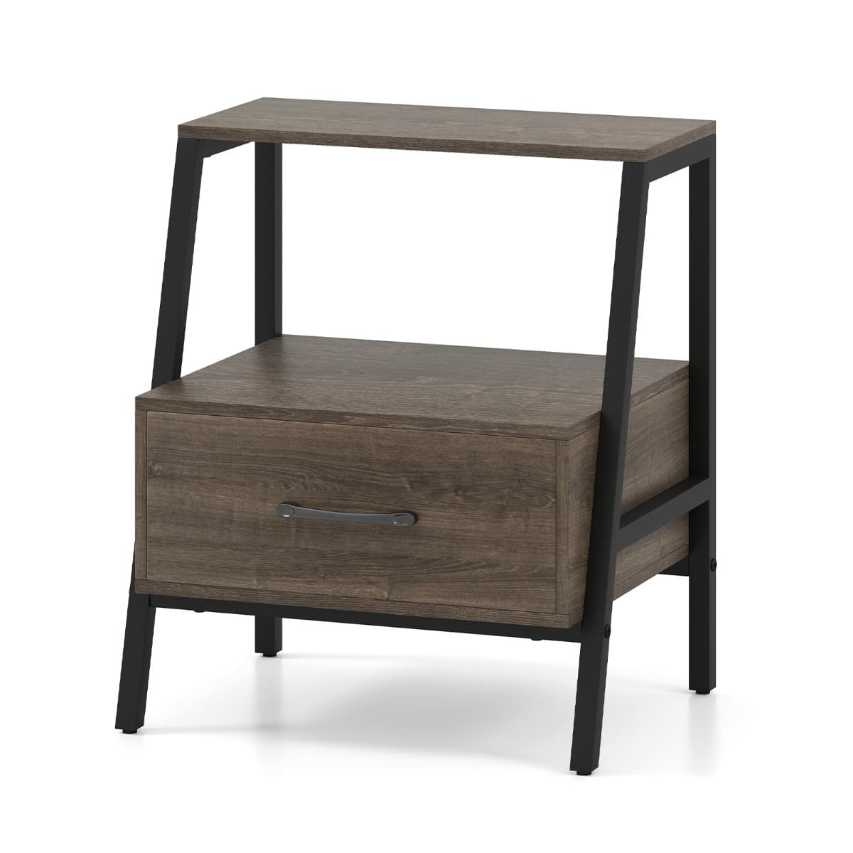 CostwayTable de Nuit avec Tiroir Table de Chevet à 3 Niveaux avec Étagère Ouverte Table d'Appoint Compacte avec Cadre Métallique Robuste Gris