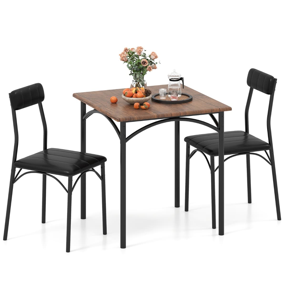 CostwayEnsemble de Salle à Manger 3 Pièces Table Carrée et 2 Chaises avec Sièges Rembourrés Dossiers Rembourrés Pieds en Métal Marron Rustique