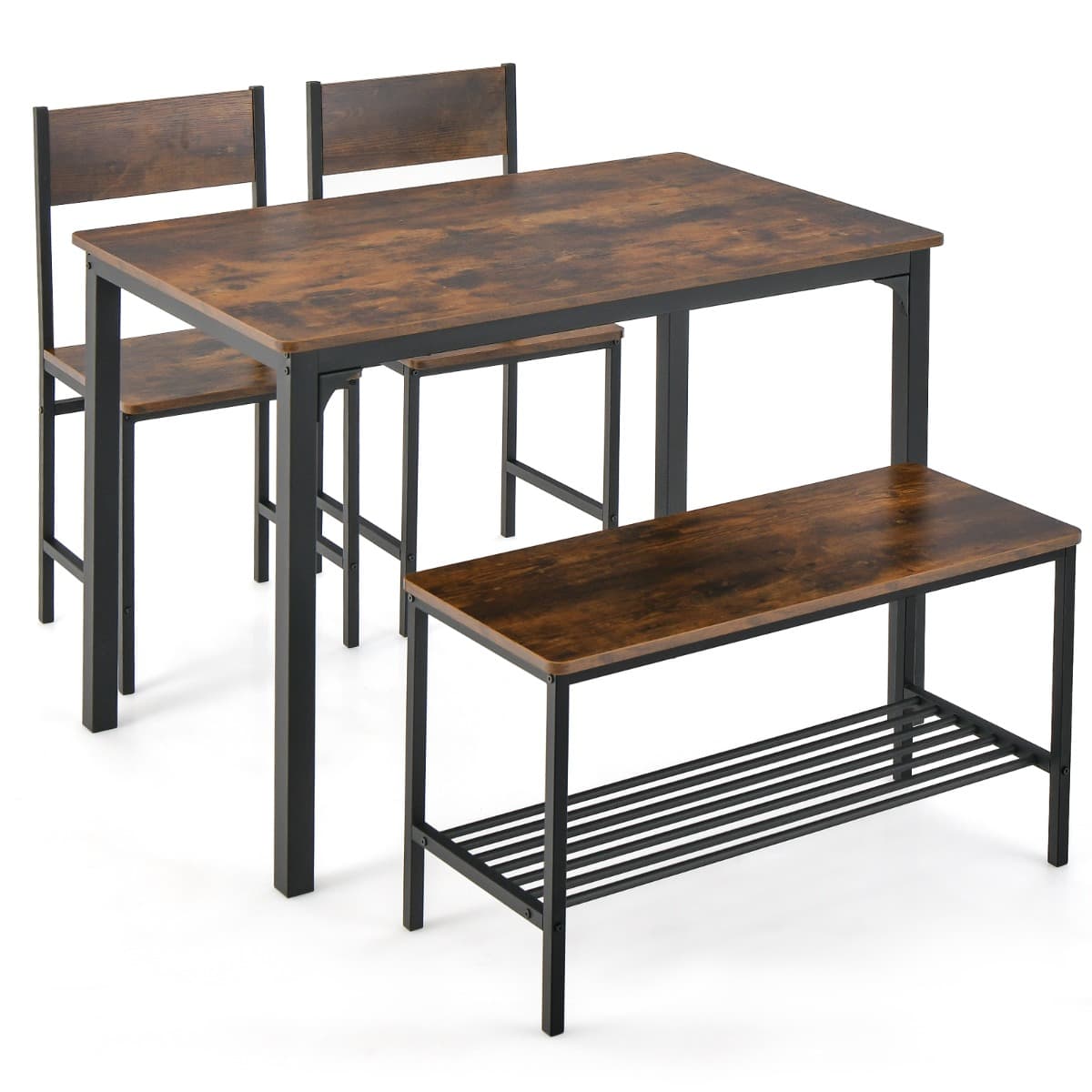 Ensemble Table et 2 Chaise 1 Banc 4 Personnes Style Industriel Structure en Métal pour Salle à Mange
